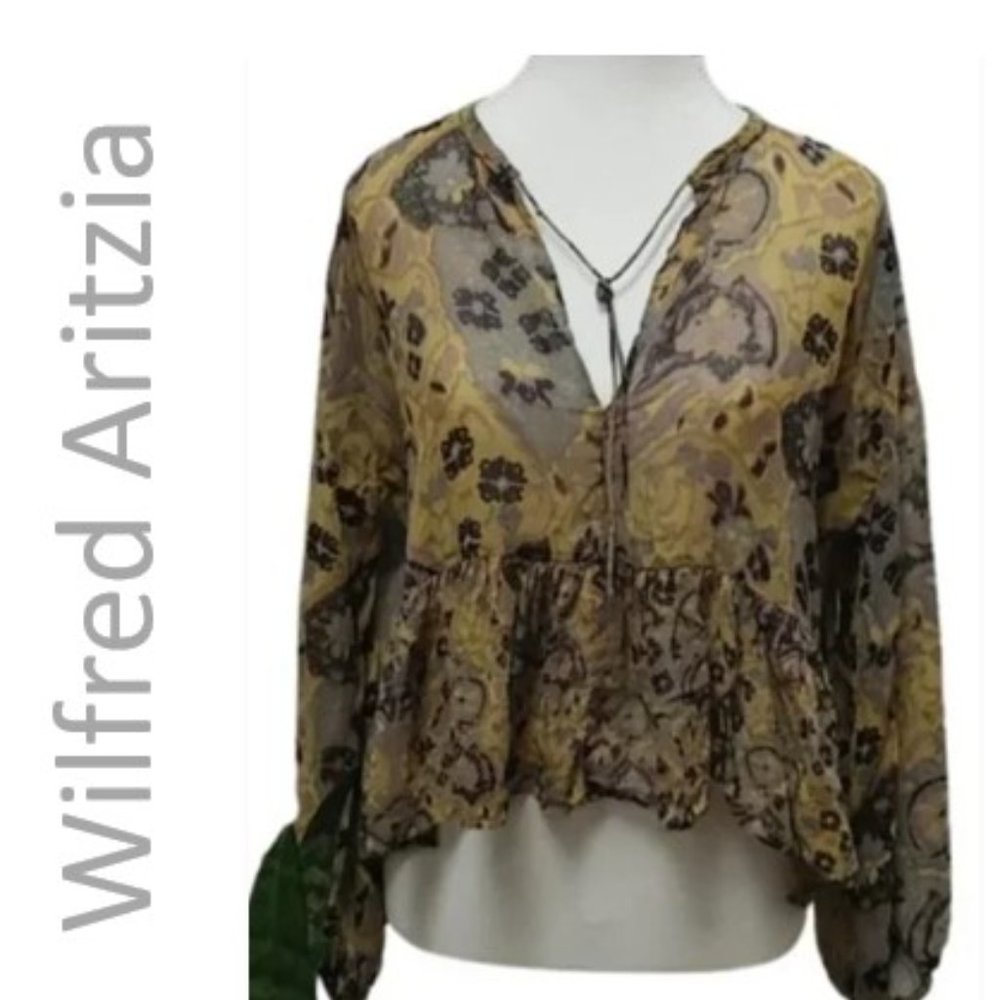 ARITZIA Wilfred silk yellow and gray flower cropped long sleeves blouse …